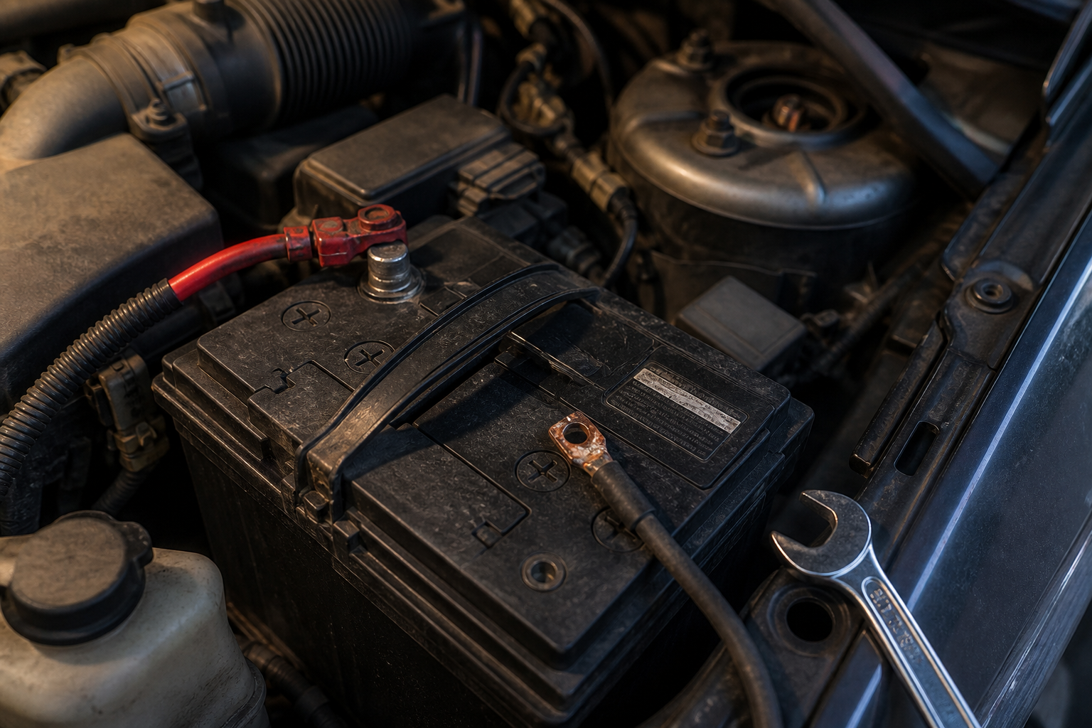 Automotive battery in an engine bay with a service cable disconnected