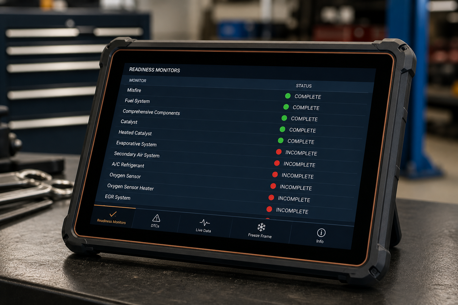 Tablet showing a generic OBD readiness monitor checklist in a workshop