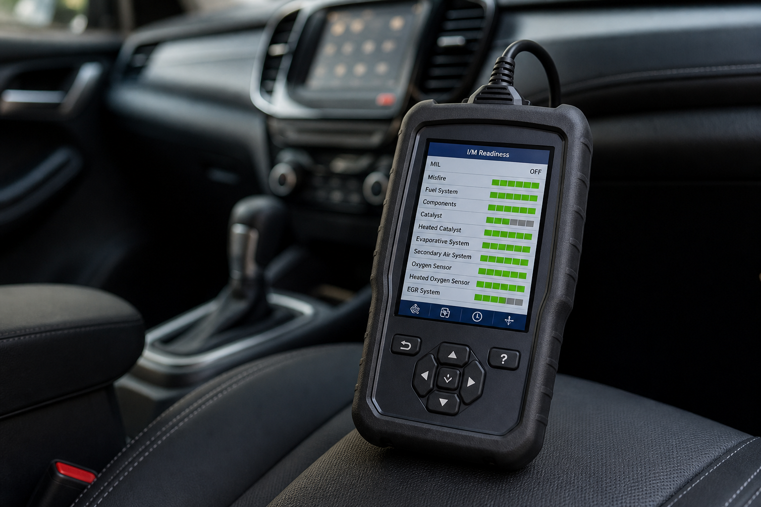 Handheld scan tool on a car seat connected for an OBD readiness check