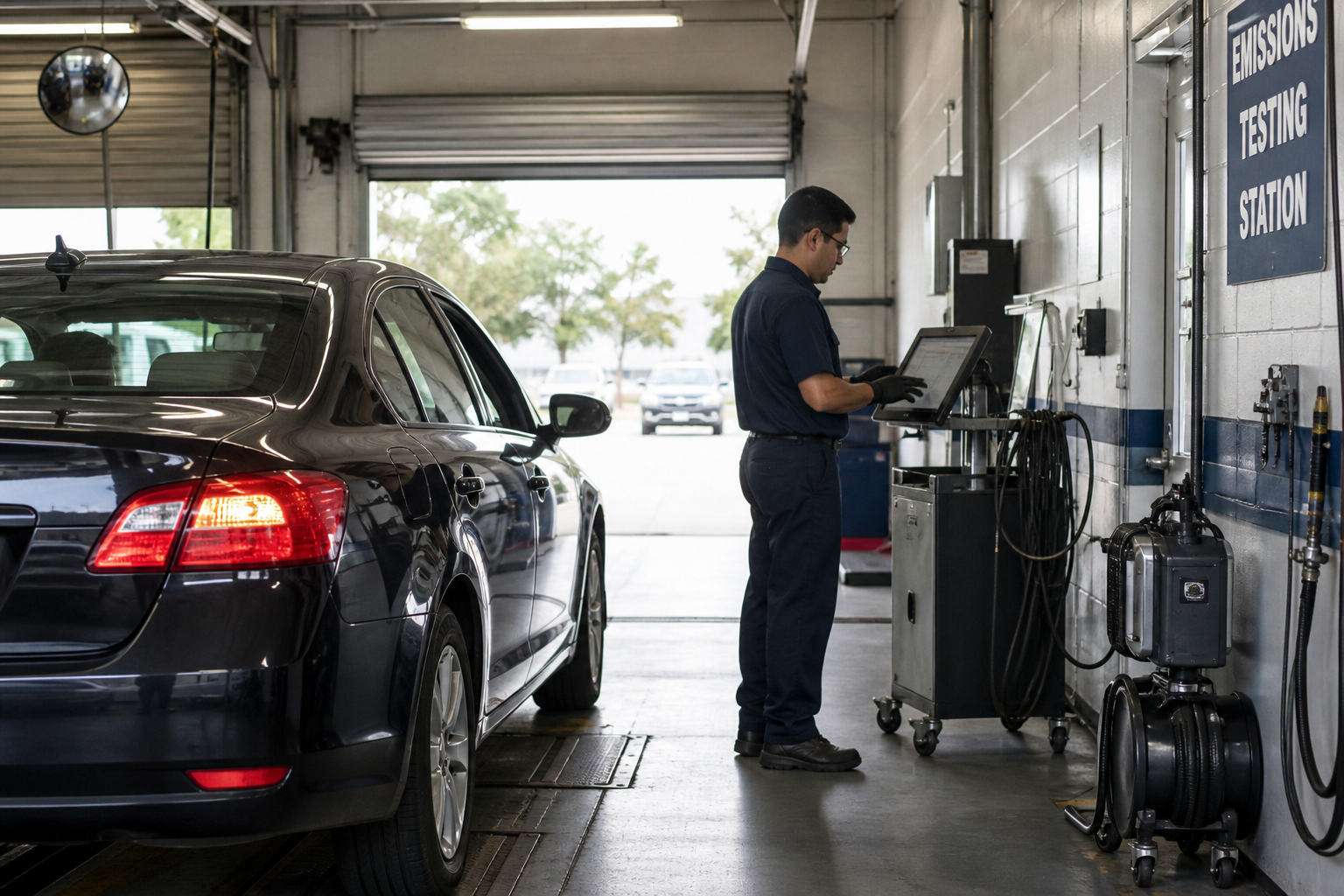 Vehicle in an emissions inspection lane while a technician reviews diagnostic data